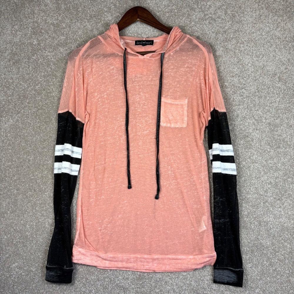 Derek Heart Womens XS Sheer Peach Black Varsity Stripe Burnout Hoodie